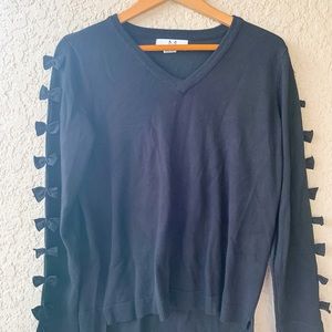 Magaschoni V Neck Black Long Sleeve Sweater with Bows on Sleeves